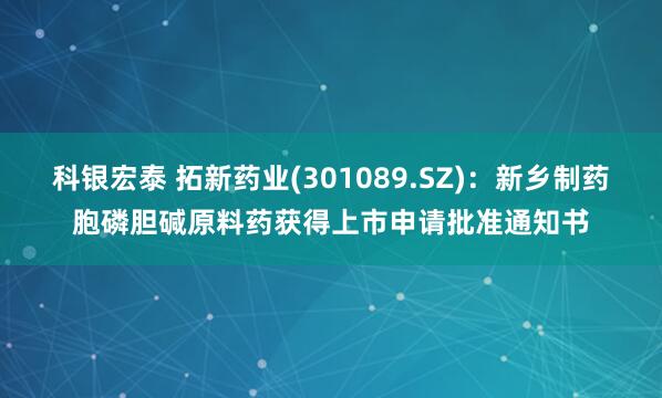 科银宏泰 拓新药业(301089.SZ)：新乡制药胞磷胆碱原料药获得上市申请批准通知书